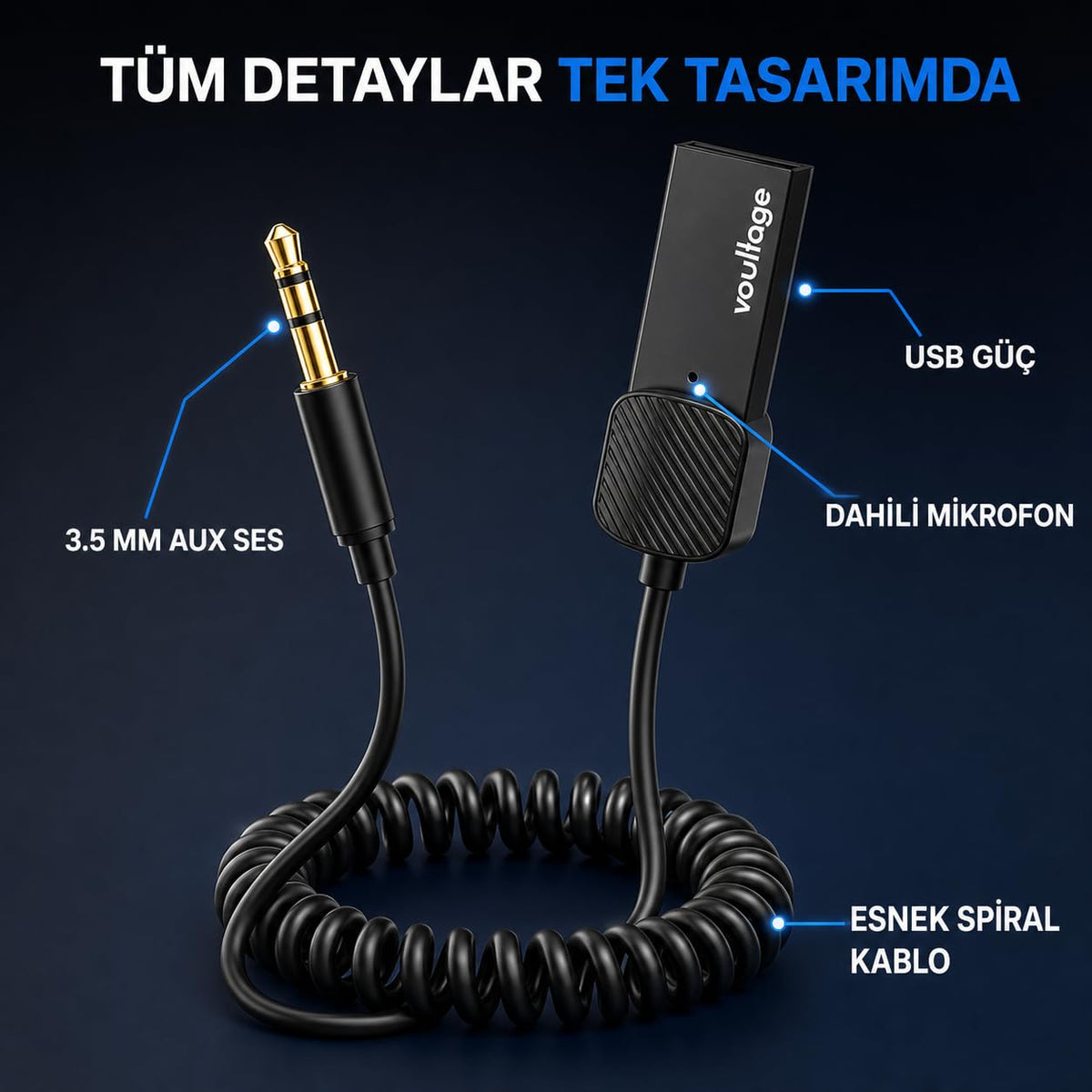 Voultage araç kitinde AUX, USB güç ve dahili mikrofon detayları