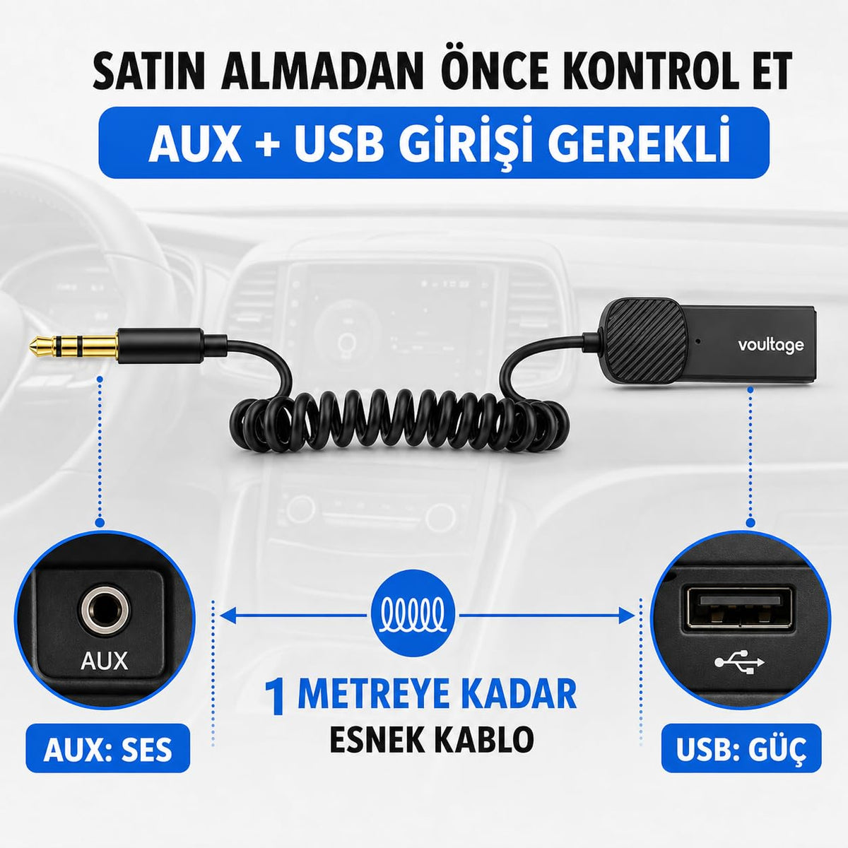 Voultage araç kiti için AUX ve USB giriş gereksinimi